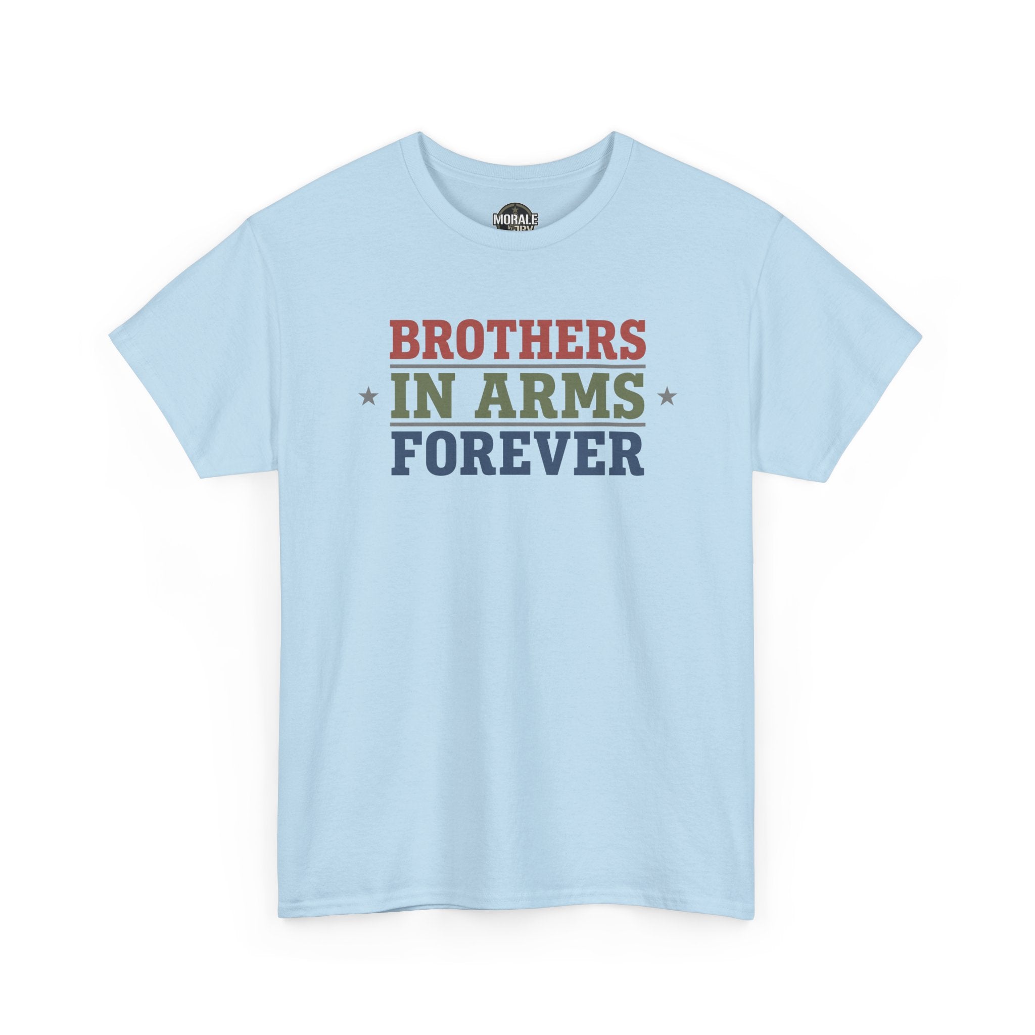 Light blue crewneck tee with 'BROTHERS IN ARMS FOREVER' text graphic