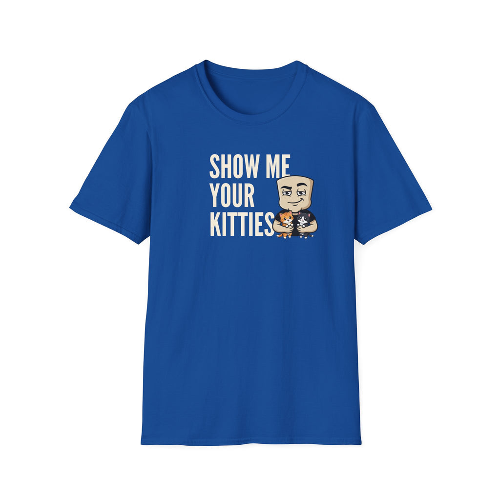 Royal blue T-shirt with 'Show me your kitties' slogan and cat cartoon.