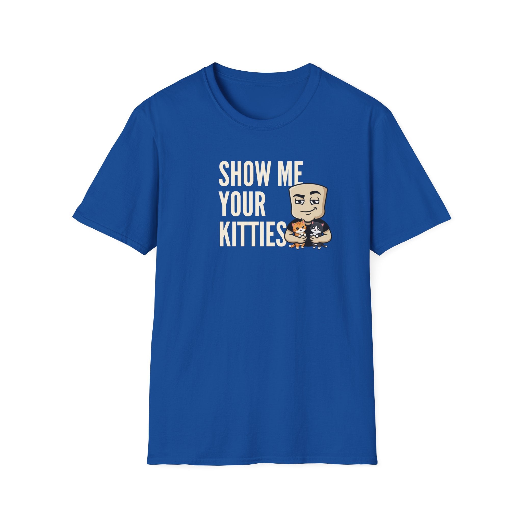 Royal blue T-shirt with 'Show me your kitties' slogan and cat cartoon.