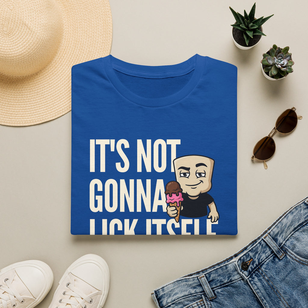 Royal blue T-shirt with 'IT'S NOT GONNA' text and cartoon ice cream character.