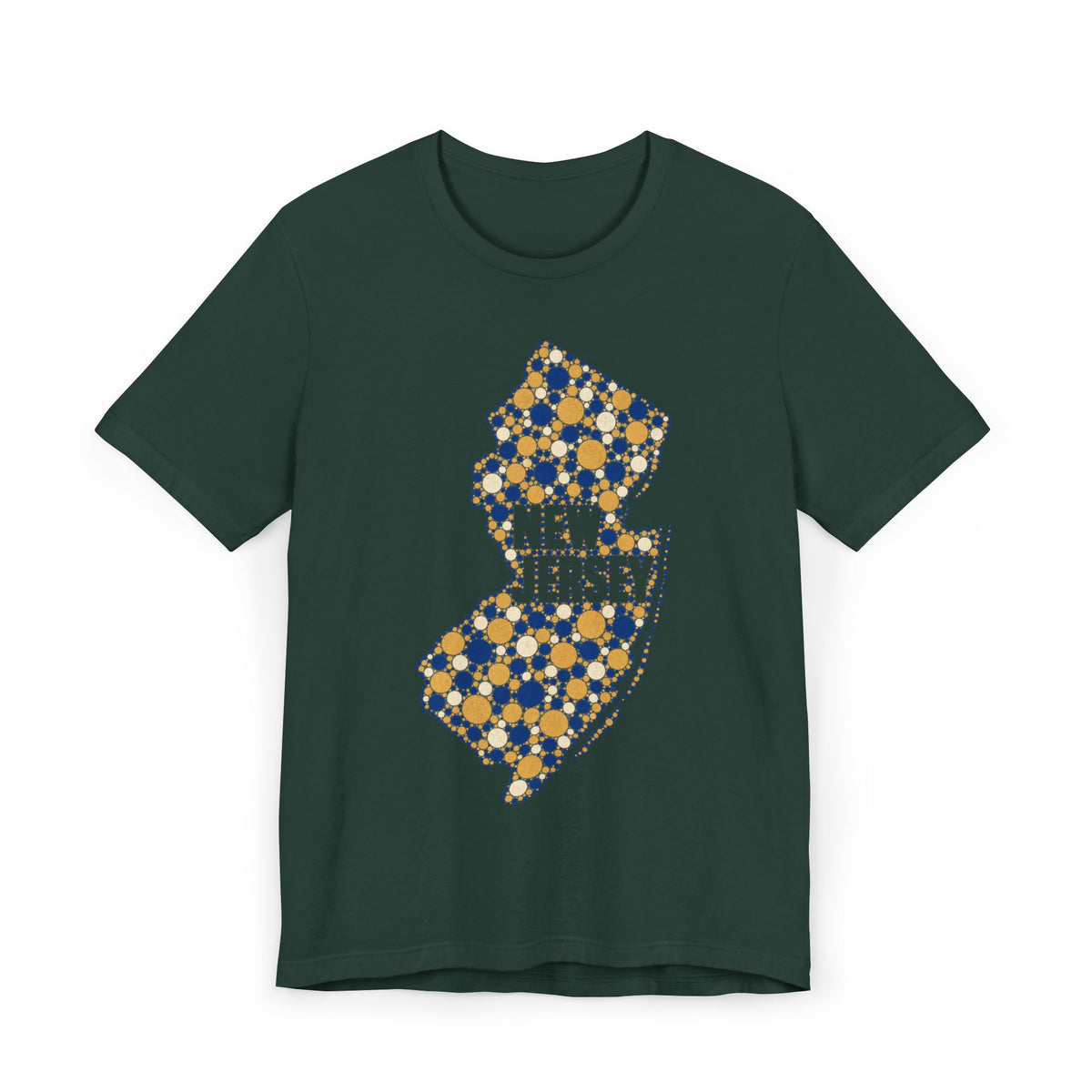Dark green T-shirt with speckled floral New Jersey outline graphic in blue and gold