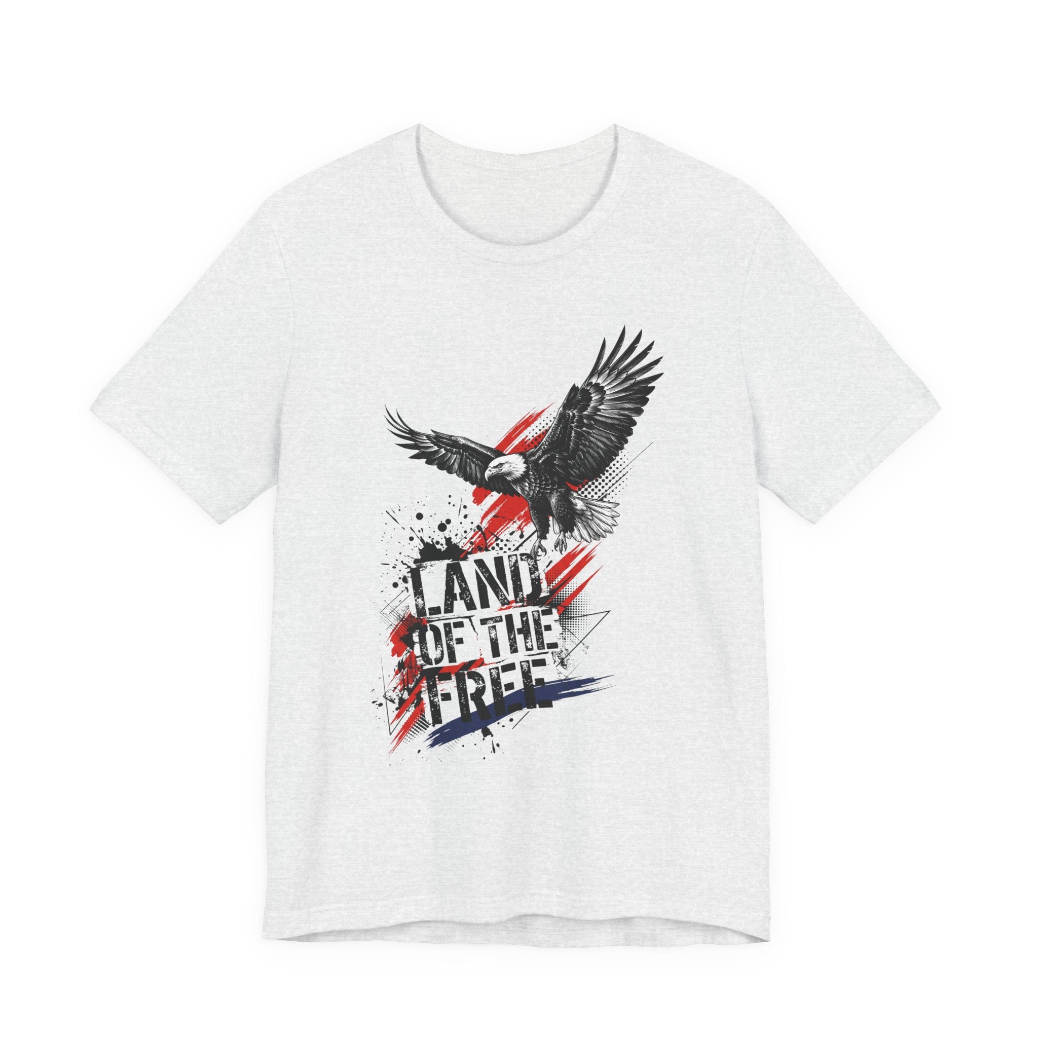 Heather grey eagle graphic t-shirt with distressed "Land of the Free" text and flag accents