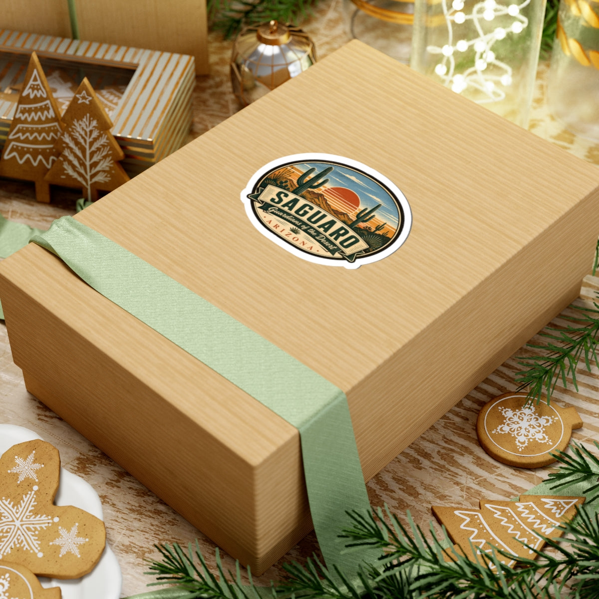 Saguaro Arizona travel sticker on a gift box with teal ribbon