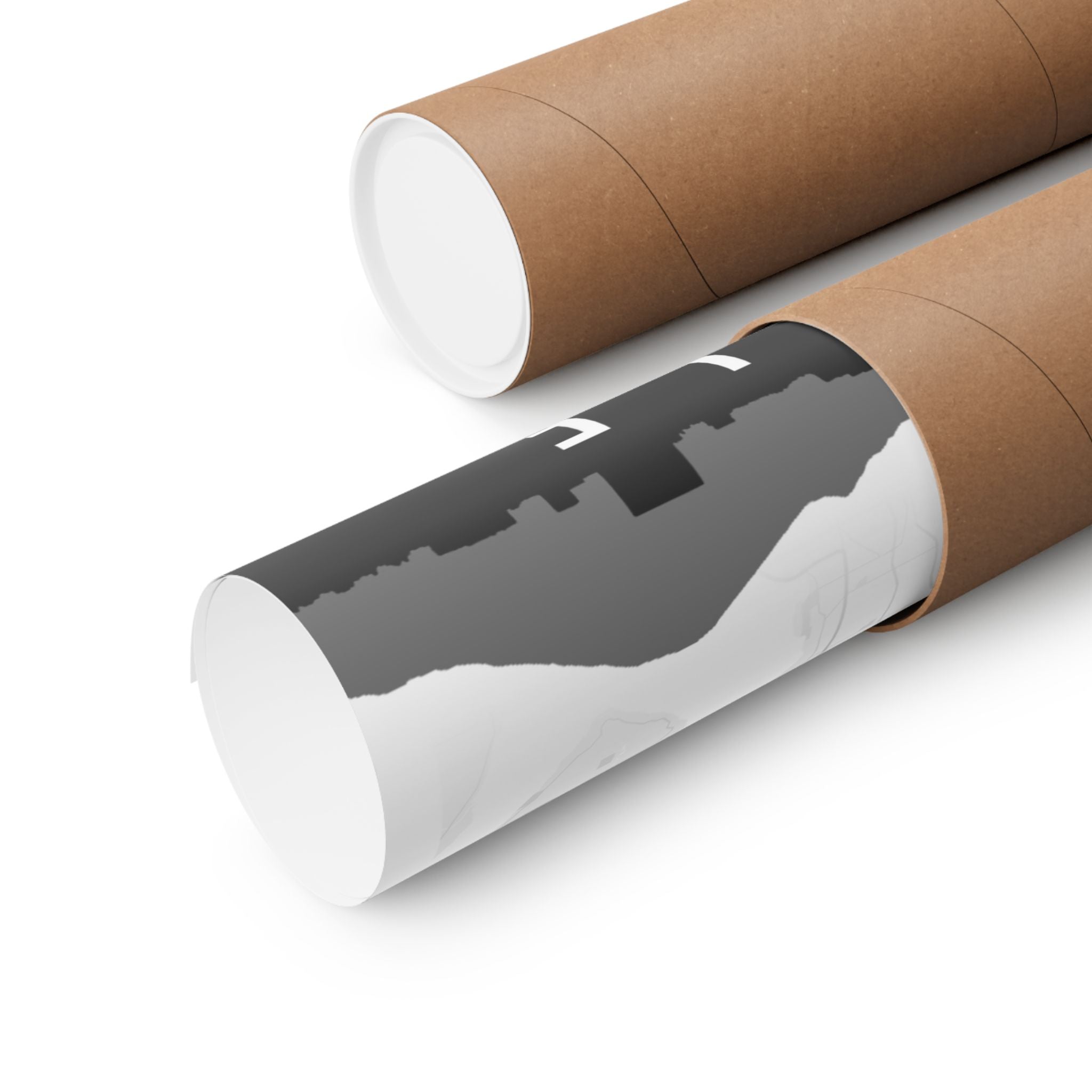 Matte vertical poster roll showing Seattle skyline map print on dark band