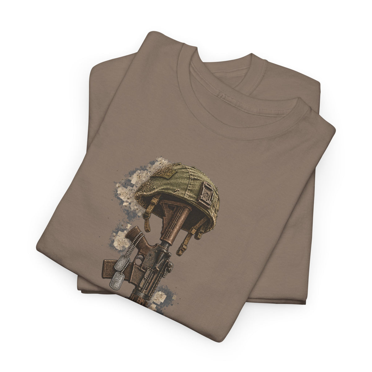 Brown short-sleeve T-shirt with camo soldier helmet and rifle graphic