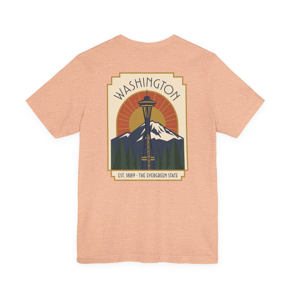 Light peach t-shirt with Washington Space Needle art deco graphic on front