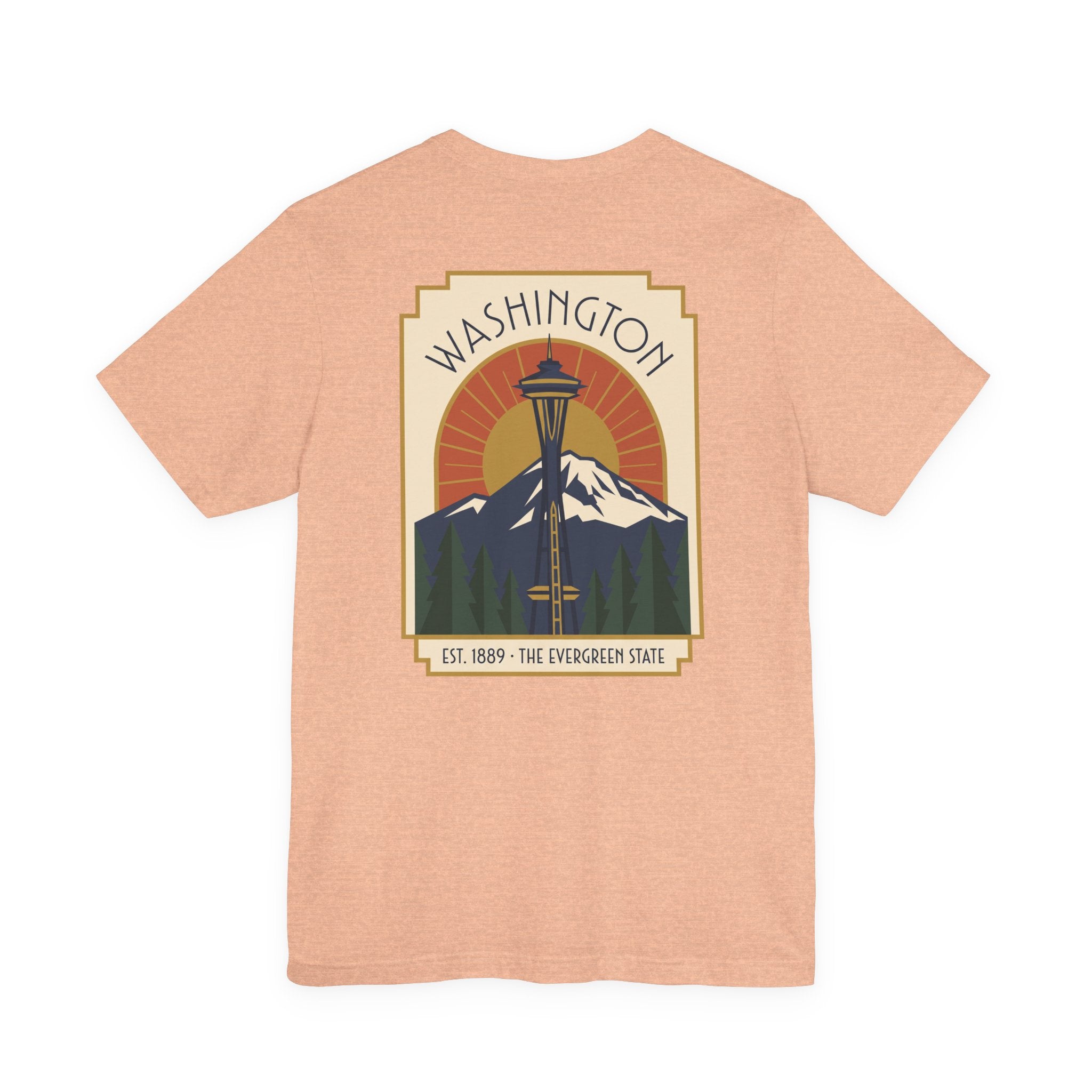 Light peach t-shirt with Washington Space Needle art deco graphic on front