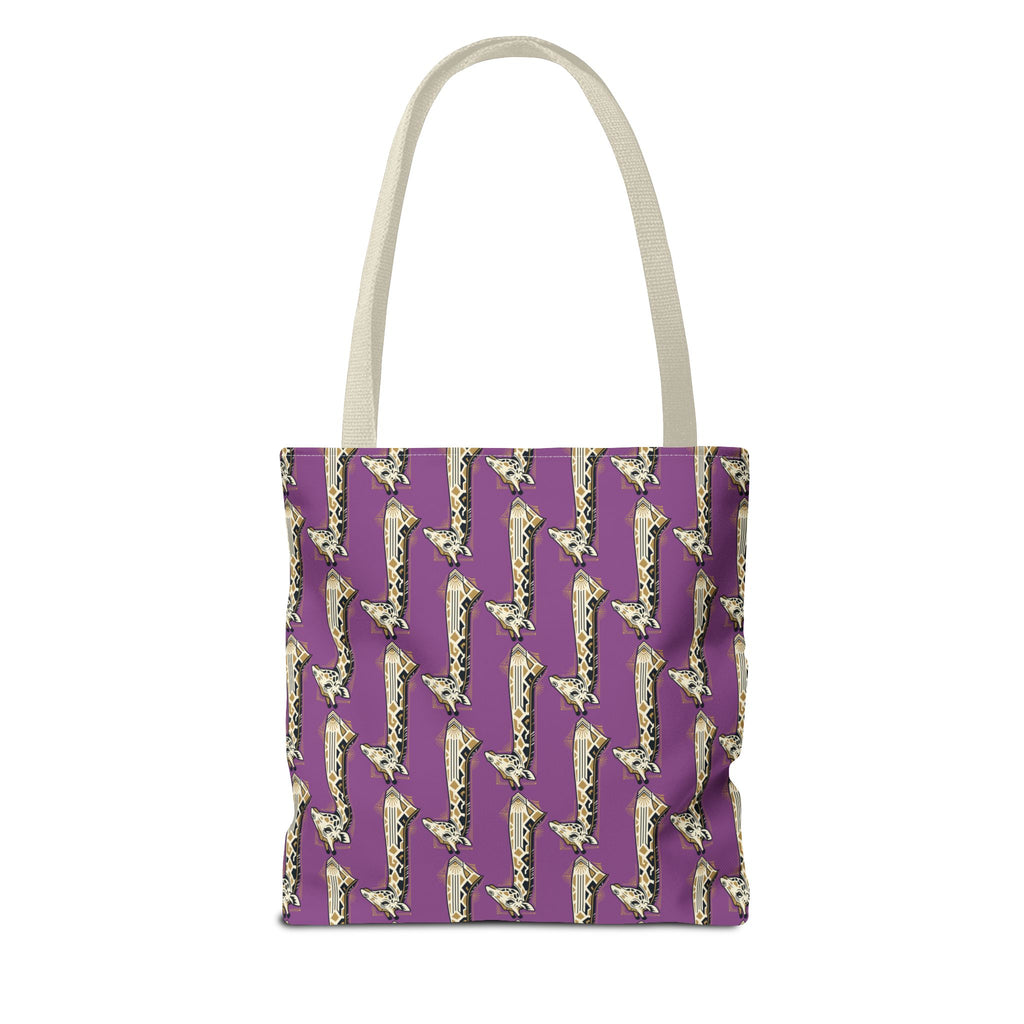 Purple tote bag with repeating saxophone pattern and light canvas top handles