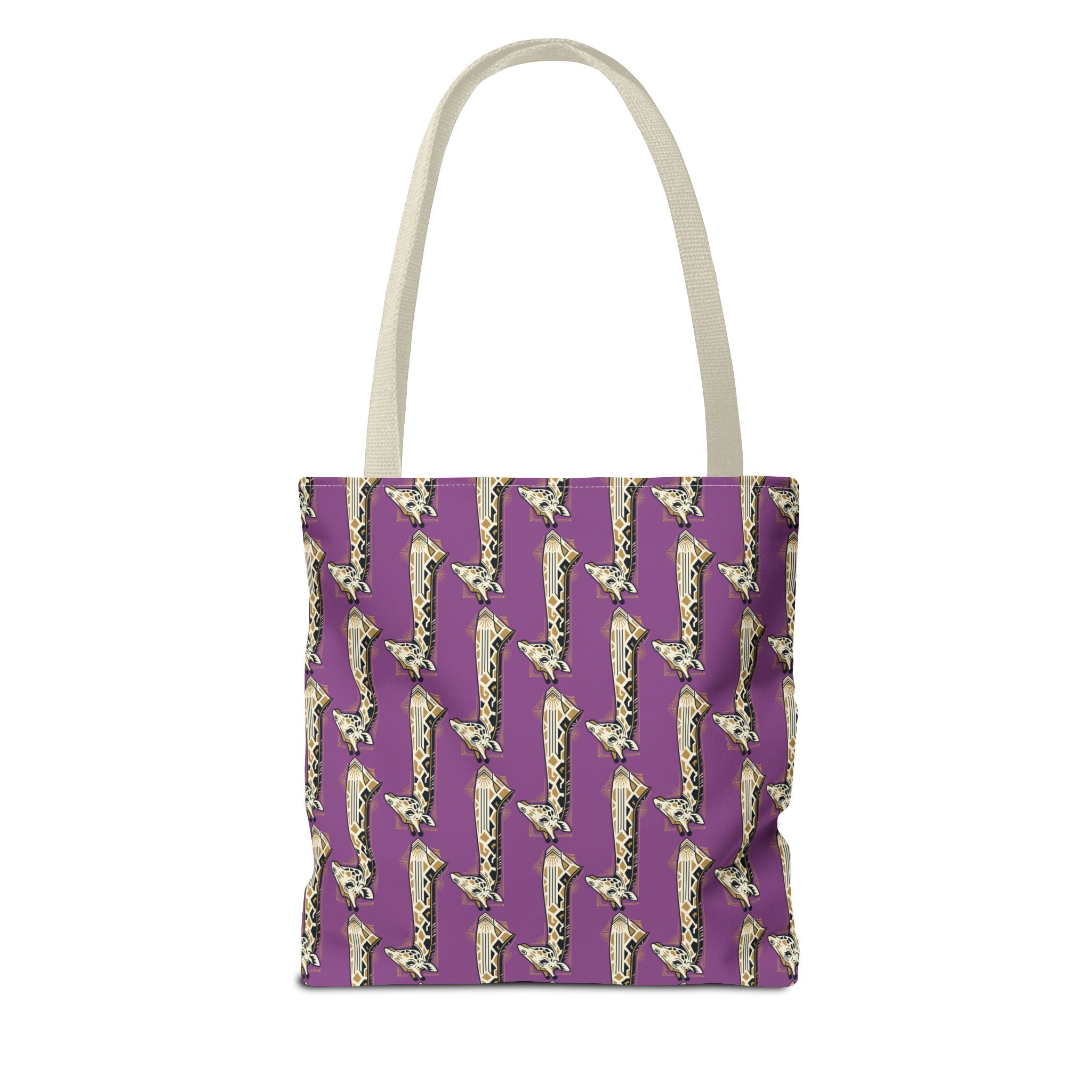 Purple tote bag with repeating saxophone pattern and light canvas top handles