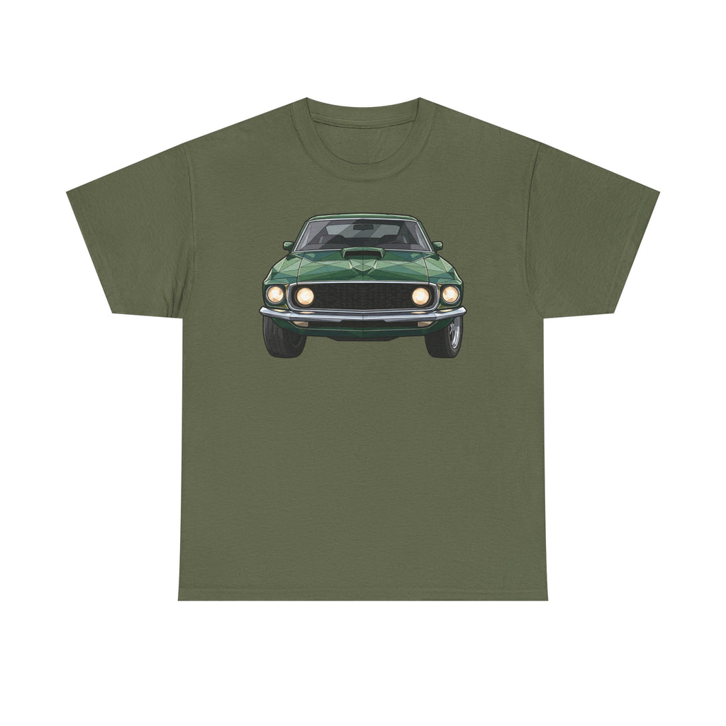 Olive green crew-neck T-shirt with vintage green muscle car front graphic