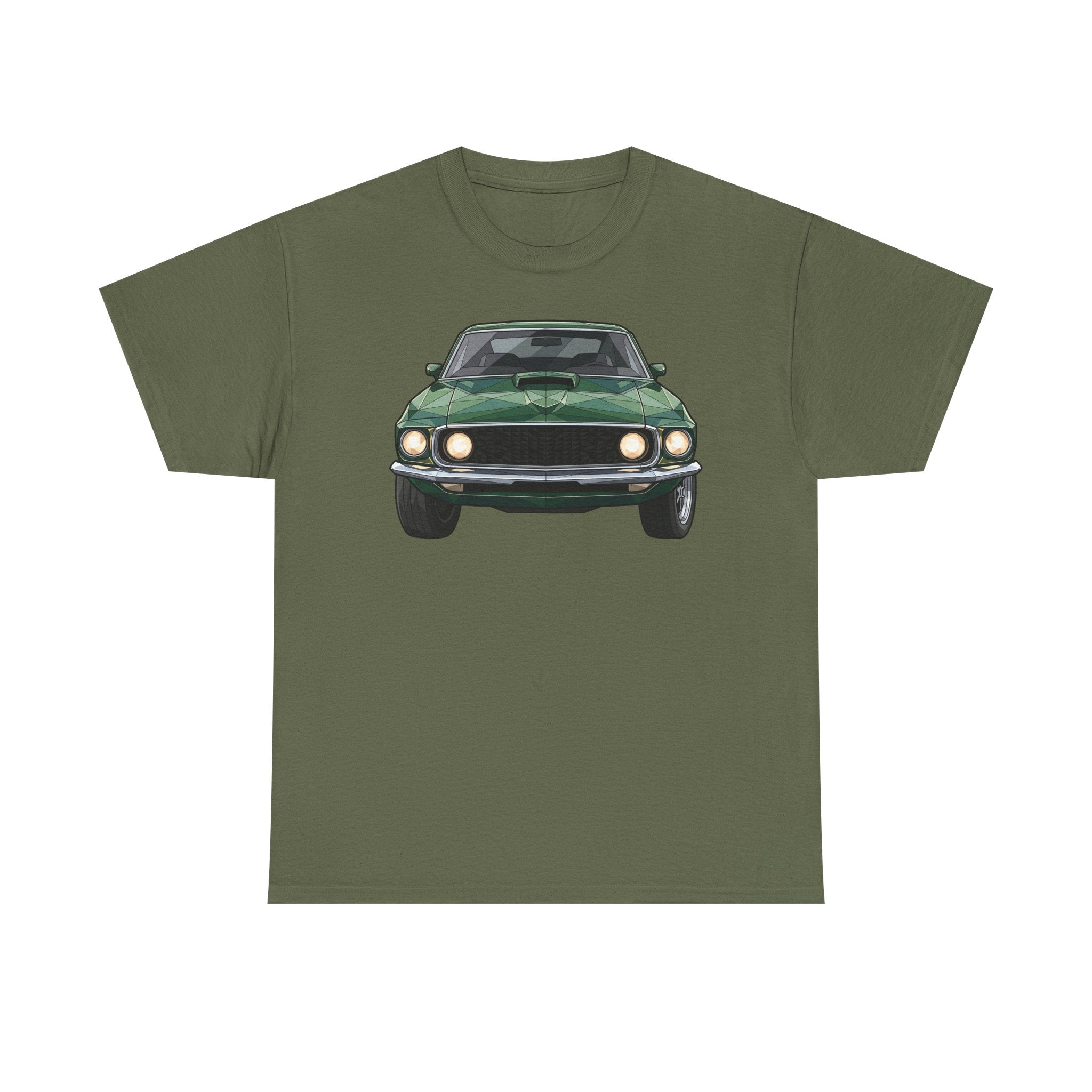 Olive green crew-neck T-shirt with vintage green muscle car front graphic