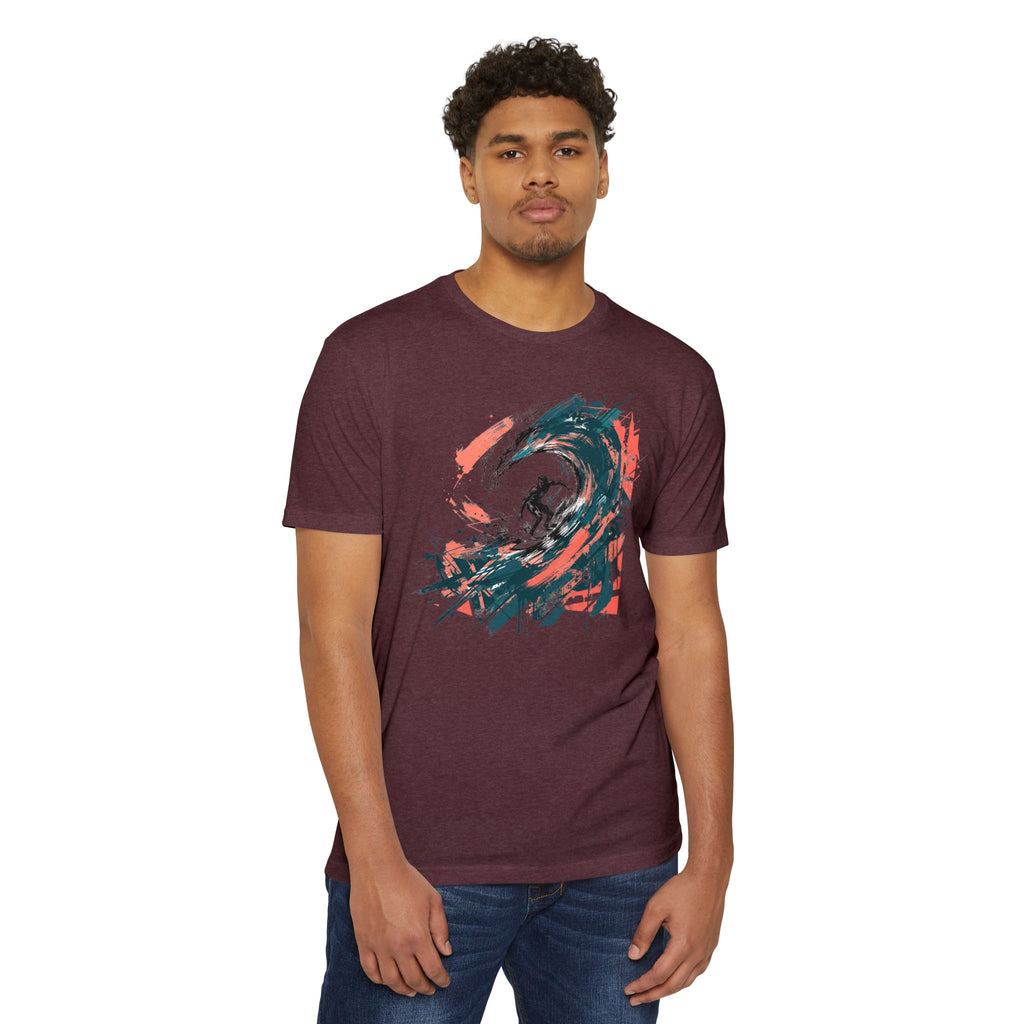 Maroon surfer graphic T-shirt with abstract wave paintbrush print on front