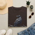 Dark brown raven t-shirt with a sitting crow graphic in gray tones