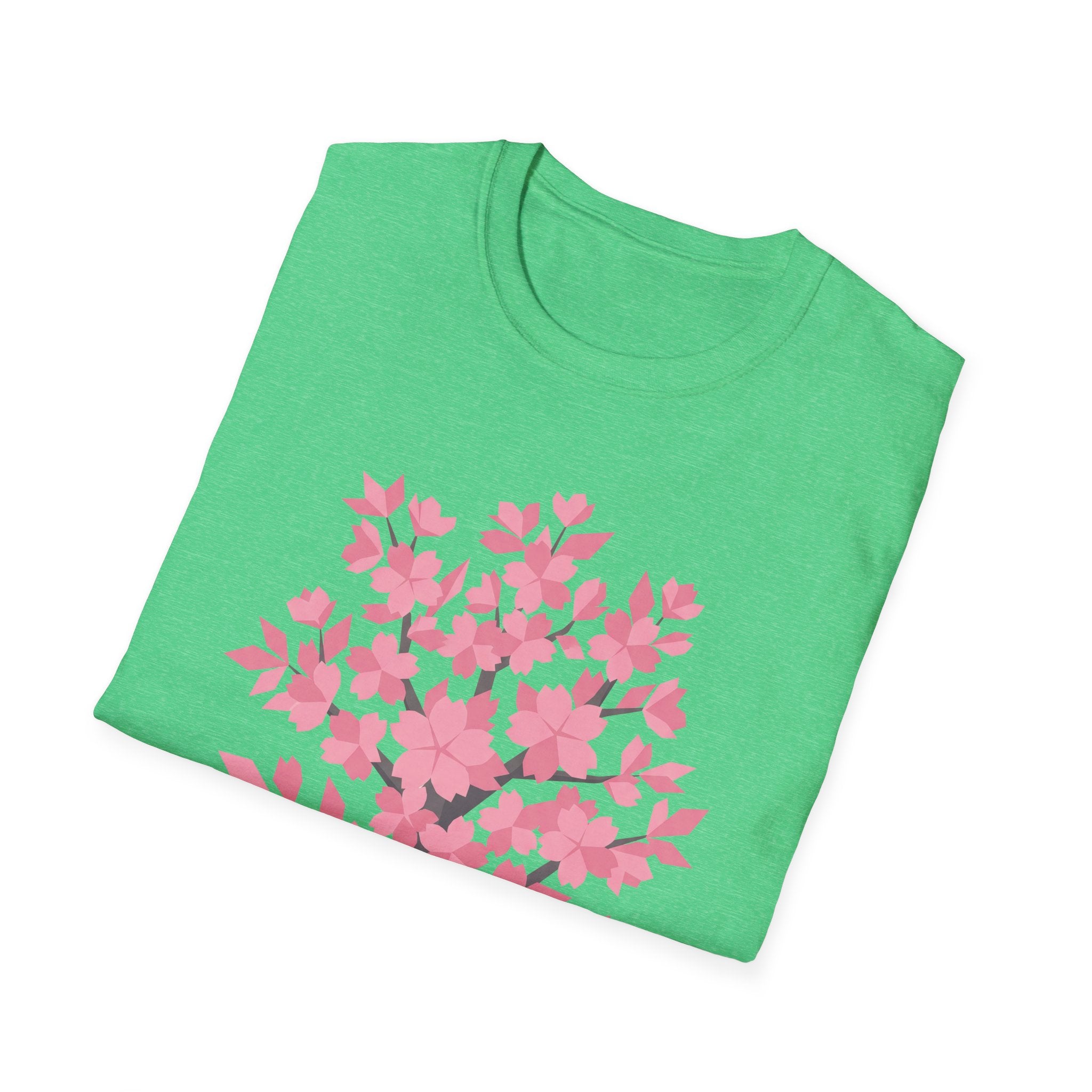 Green crewneck T-shirt with large pink cherry blossom tree floral print