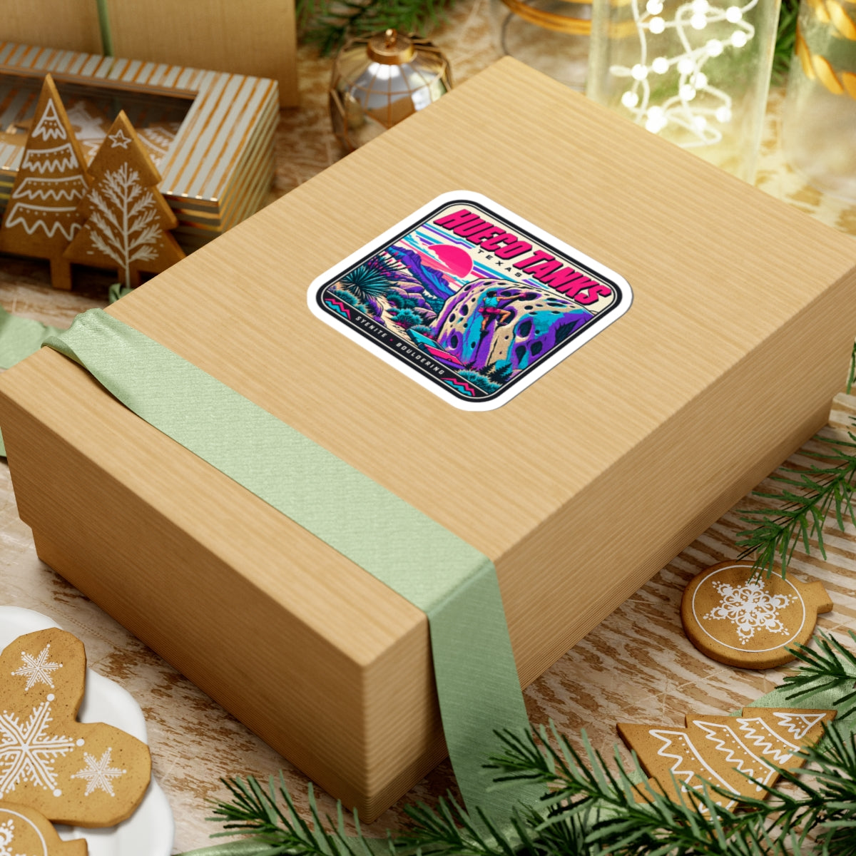 Colorful kiss-cut sticker with Hueco Tanks Texas text, neon purple rock wall, and climber figure