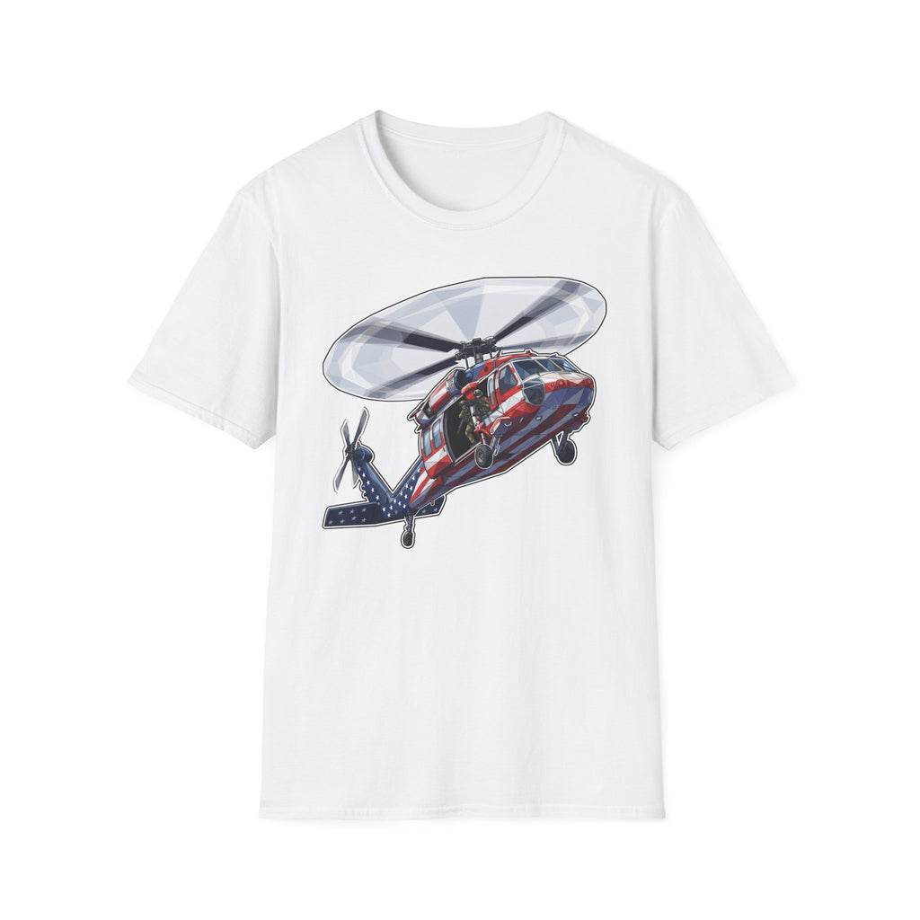 White rescue helicopter T-shirt with large chest graphic