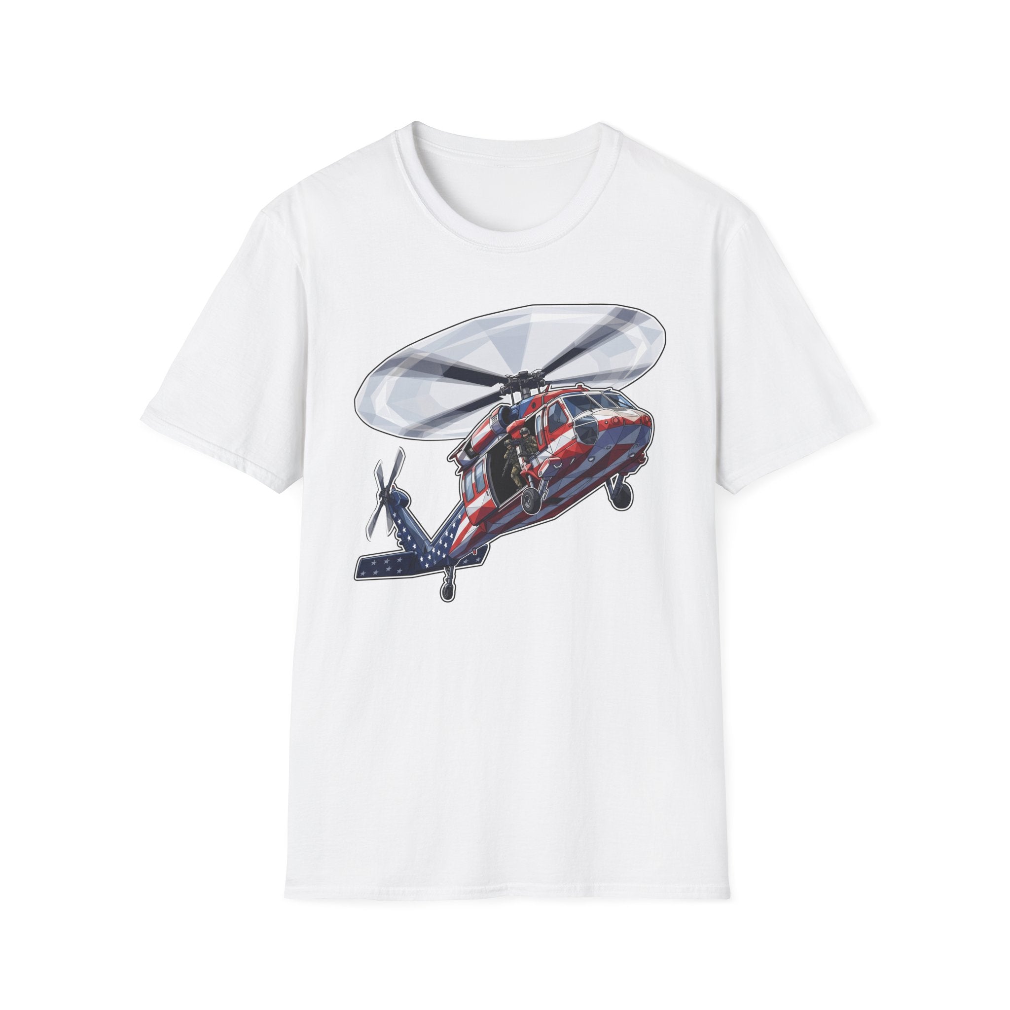 White rescue helicopter T-shirt with large chest graphic