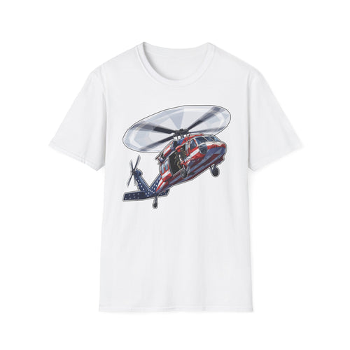 White rescue helicopter T-shirt with large chest graphic