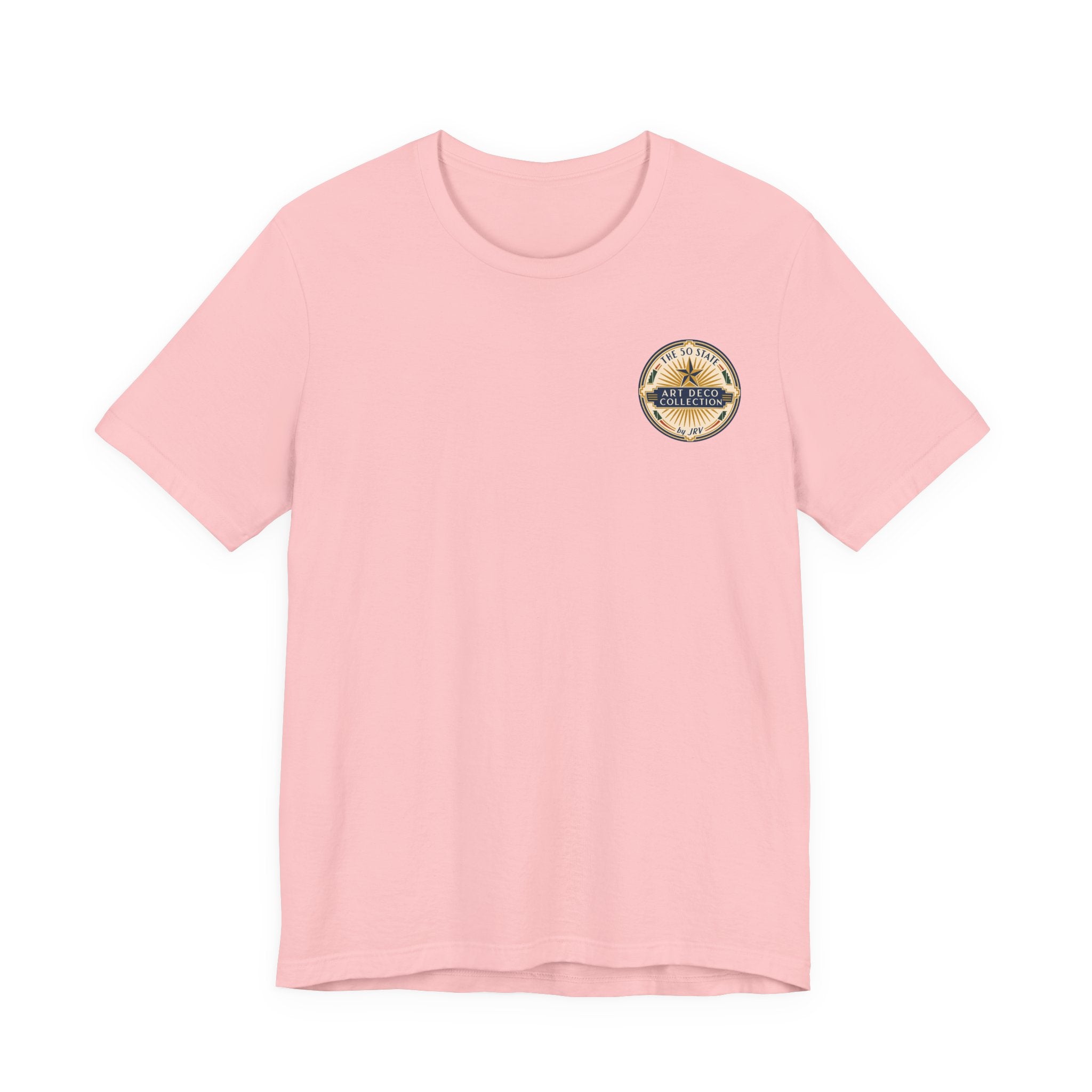 Light pink crewneck T-shirt with round logo patch near the left chest.