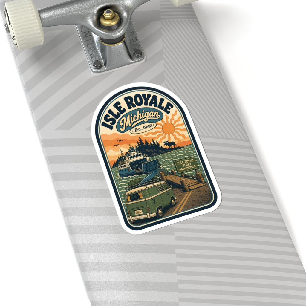 Isle Royale National Park sticker featuring Michigan emblem with camper van and dock illustration