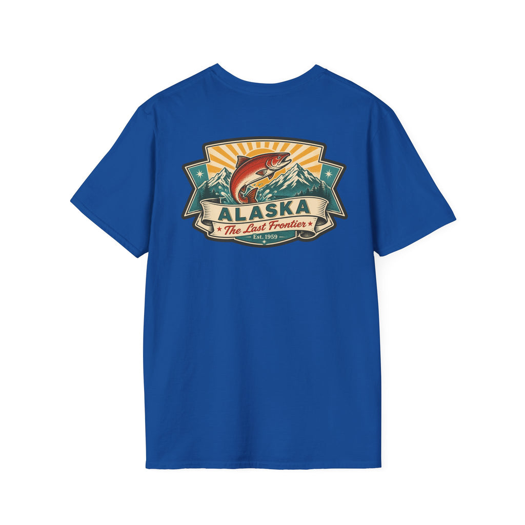 Souvenir T-shirt in royal blue with Alaska badge salmon mountain front print