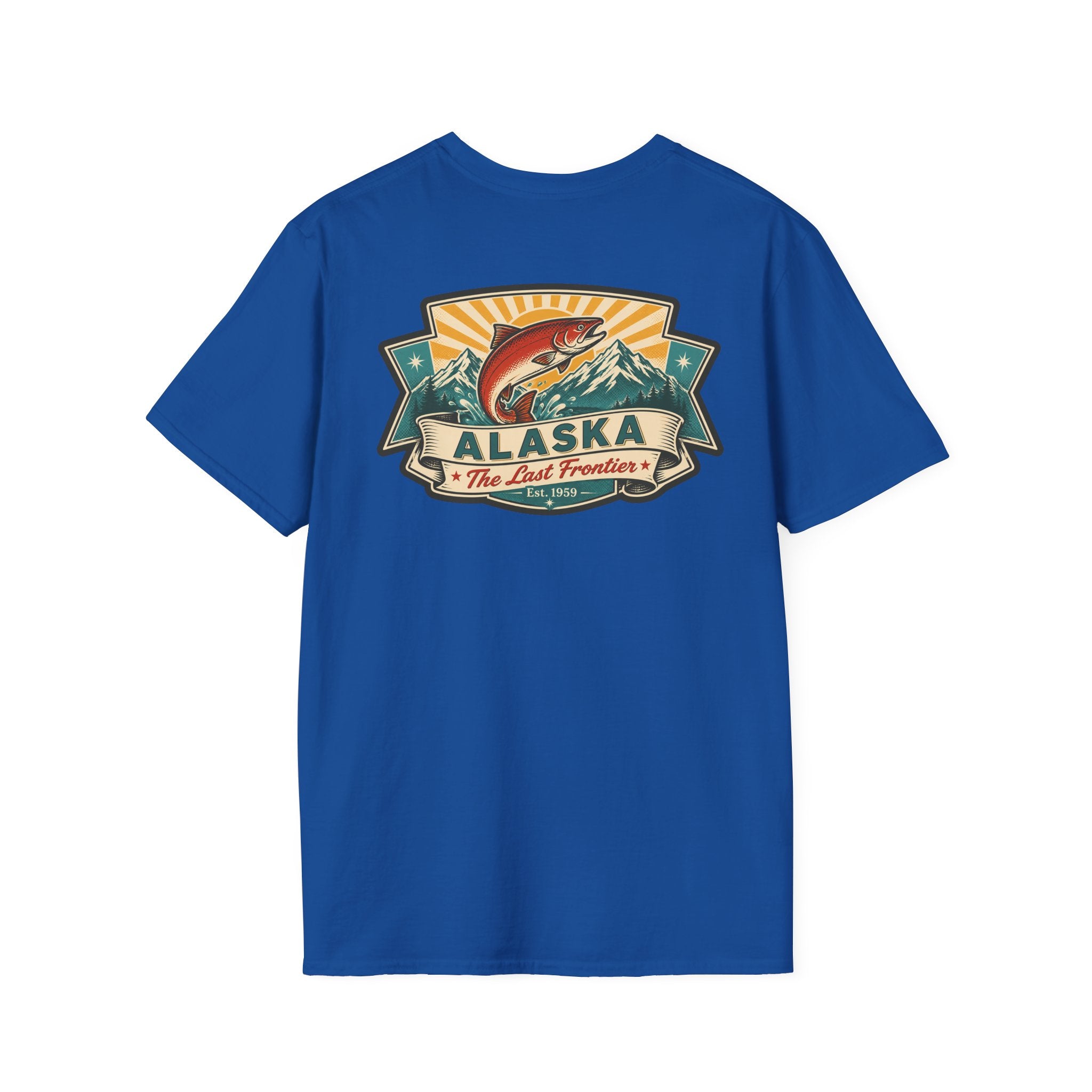 Souvenir T-shirt in royal blue with Alaska badge salmon mountain front print