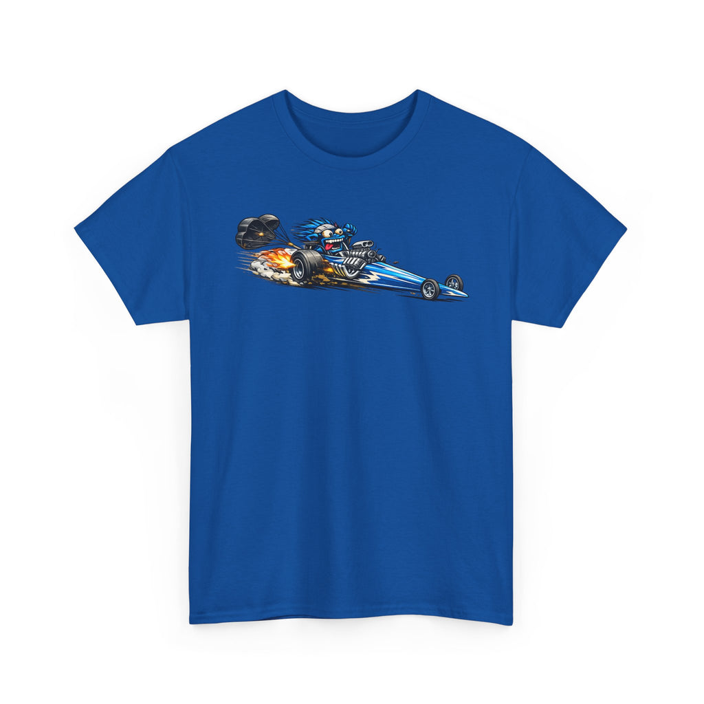 Unisex blue graphic tee with flaming dragster car print