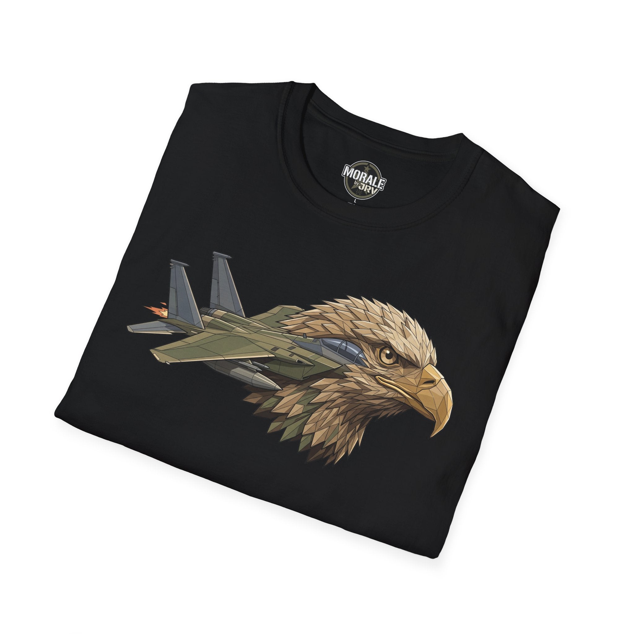Black T-shirt with eagle head and fighter jets graphic on front