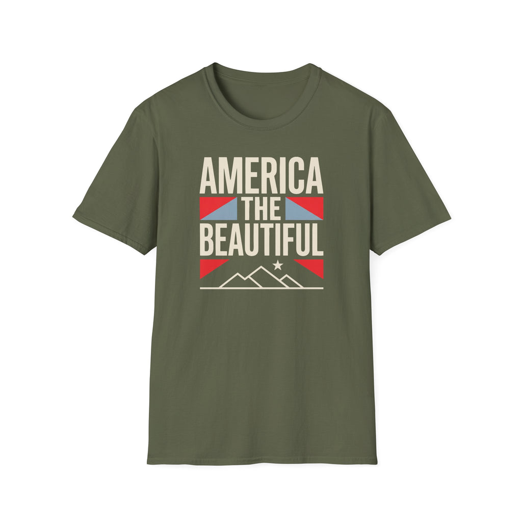 Olive green T-shirt front with 'AMERICA THE BEAUTIFUL' patriotic flag print