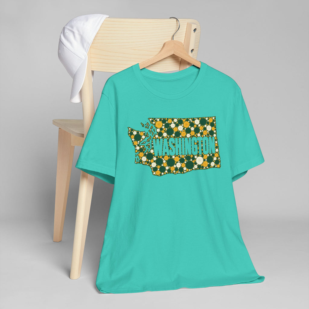 Teal T-shirt with gold-and-green dotted Washington state floral graphic