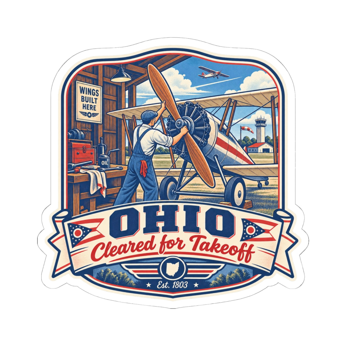 Die-cut travel decal featuring pilot holding propeller, biplane scene, and "Cleared for Takeoff" banner