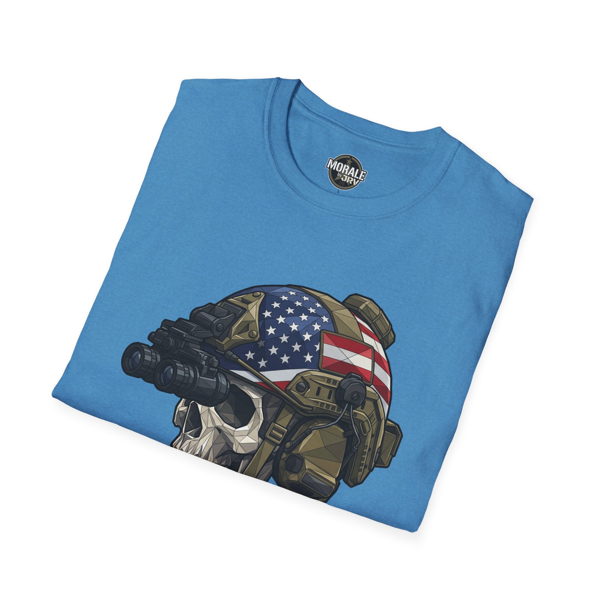 Light blue T-shirt with skull helmet and American flag graphic