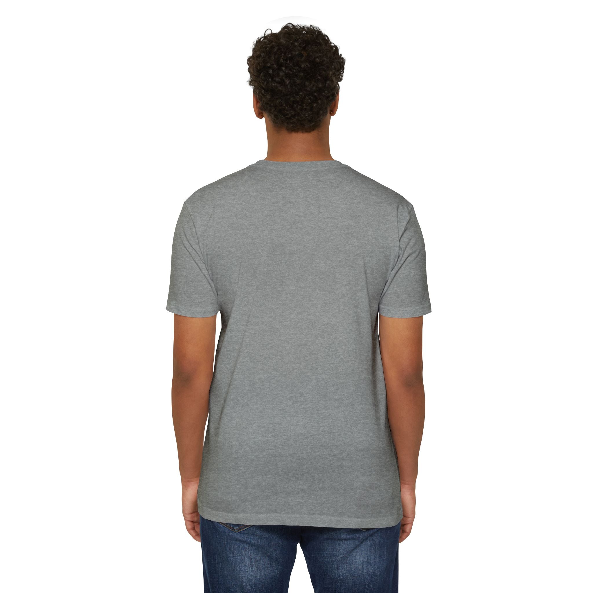 Heather gray crewneck T-shirt, back view with short sleeves