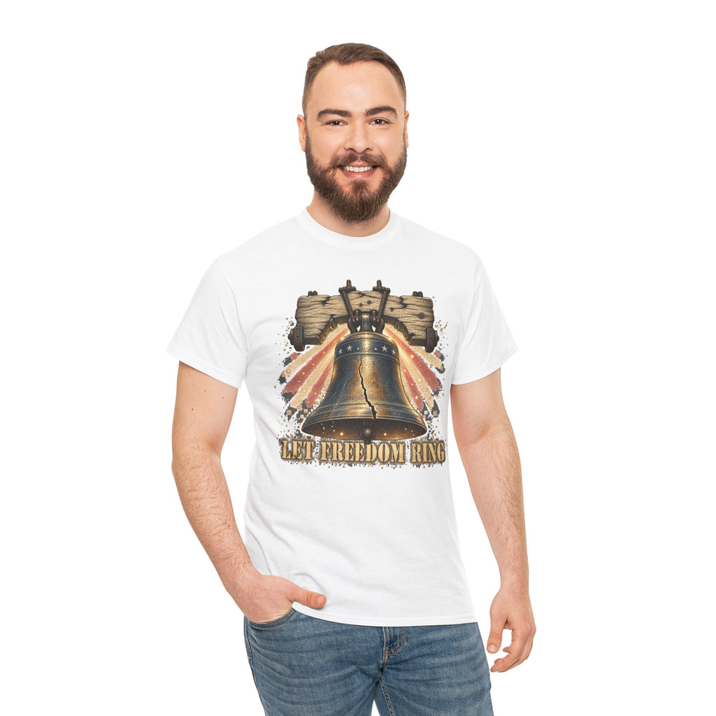 White Liberty Bell graphic t-shirt on model