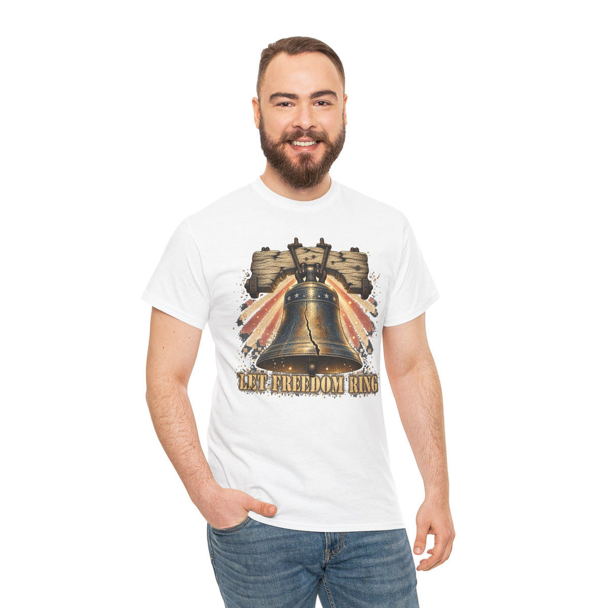 White Liberty Bell graphic t-shirt on model