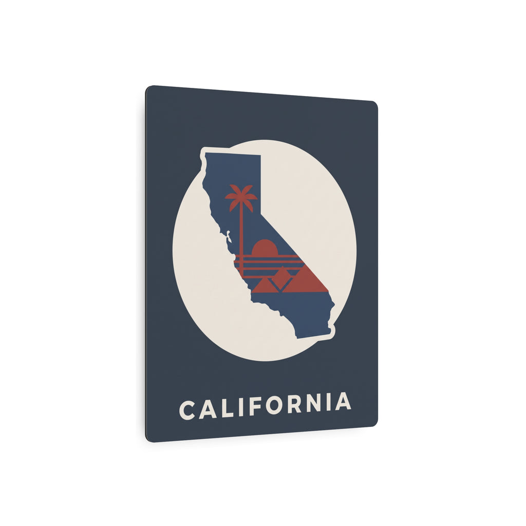 Dark blue California silhouette metal wall art sign with palm sunset design and CALIFORNIA