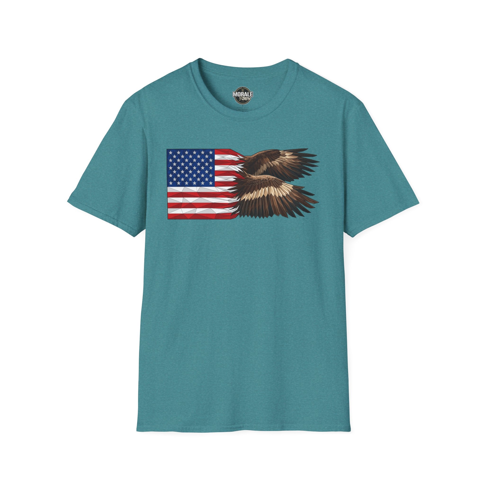 Patriotic eagle flag T-shirt in heather galapagos blue with eagle wings graphic