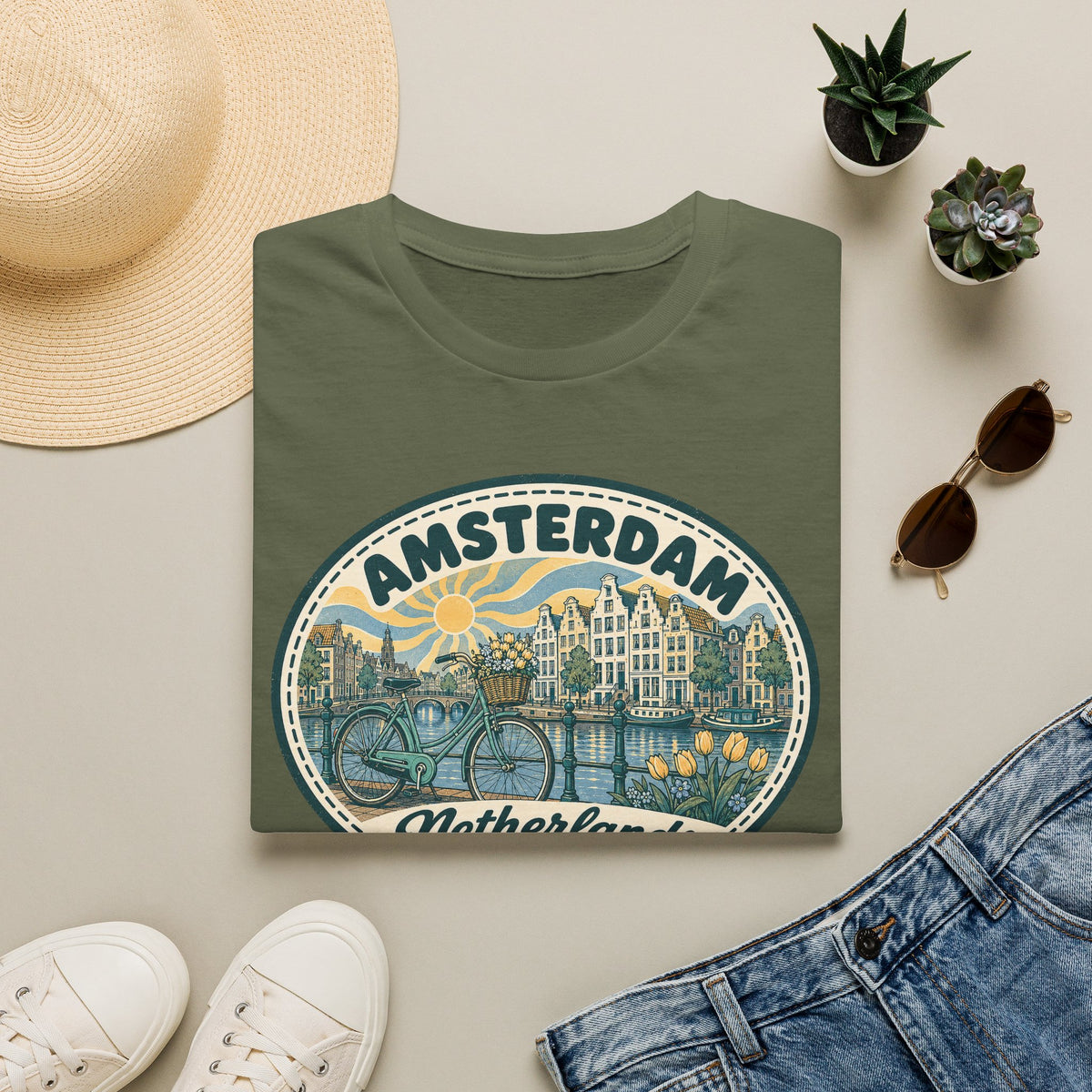 Amsterdam Vintage Cityscape T-Shirt | Netherlands Bicycle Canal Tulips