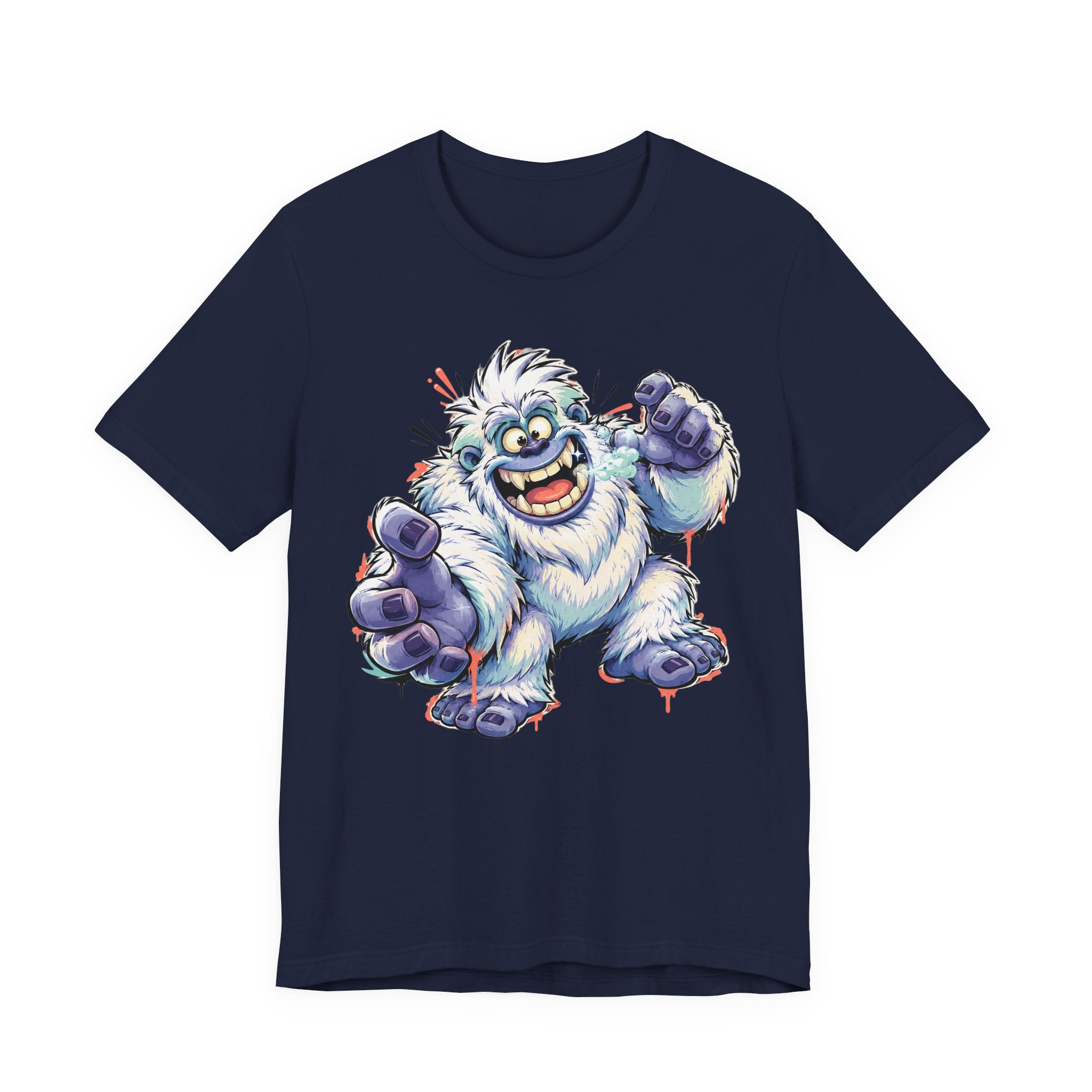 Navy monster t-shirt with cartoon yeti creature graphic waving and grinning