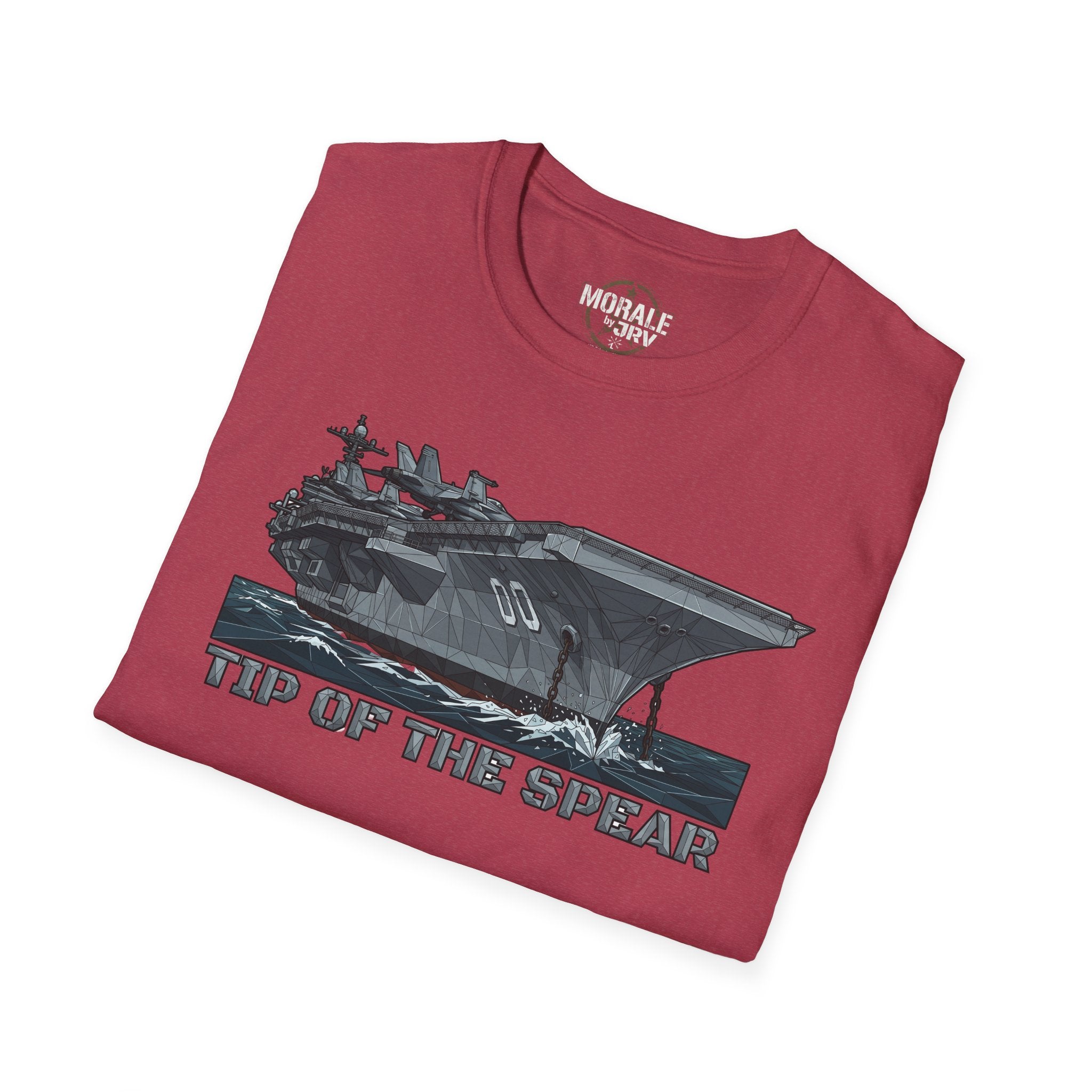 Burgundy T-shirt with aircraft carrier graphic and “TIP OF THE SPEAR” front text