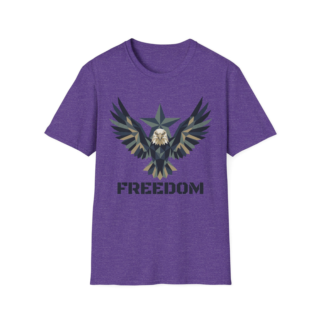 Purple eagle camo graphic T-shirt with winged emblem and “FREEDOM” text