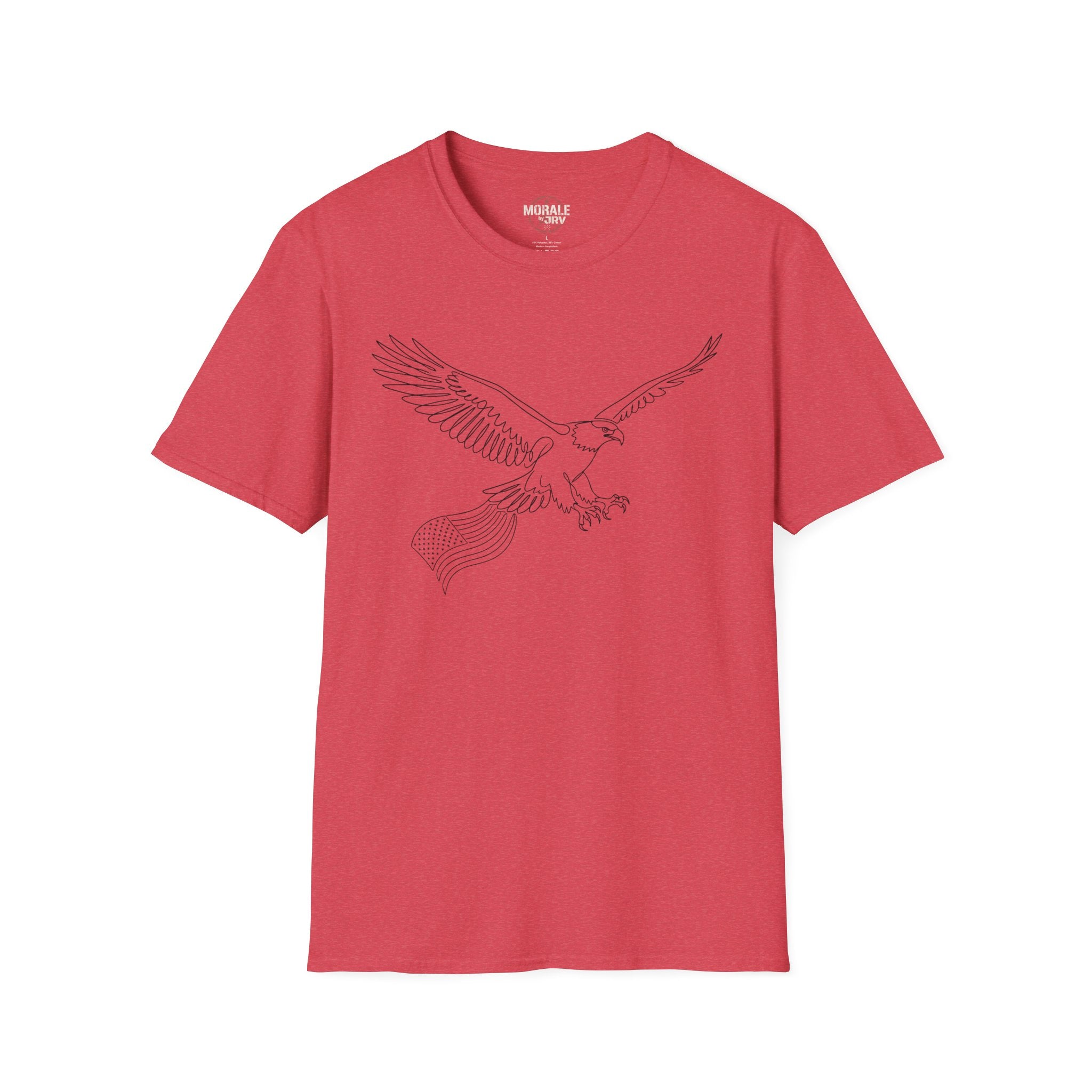 Heather red t-shirt with minimalist eagle line-art outline graphic on front.