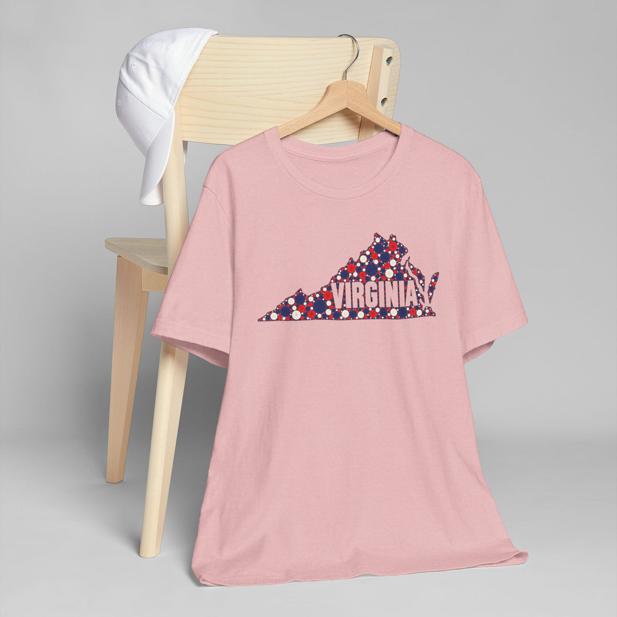 Pink crew-neck t-shirt with blue-red Virginia map graphic print
