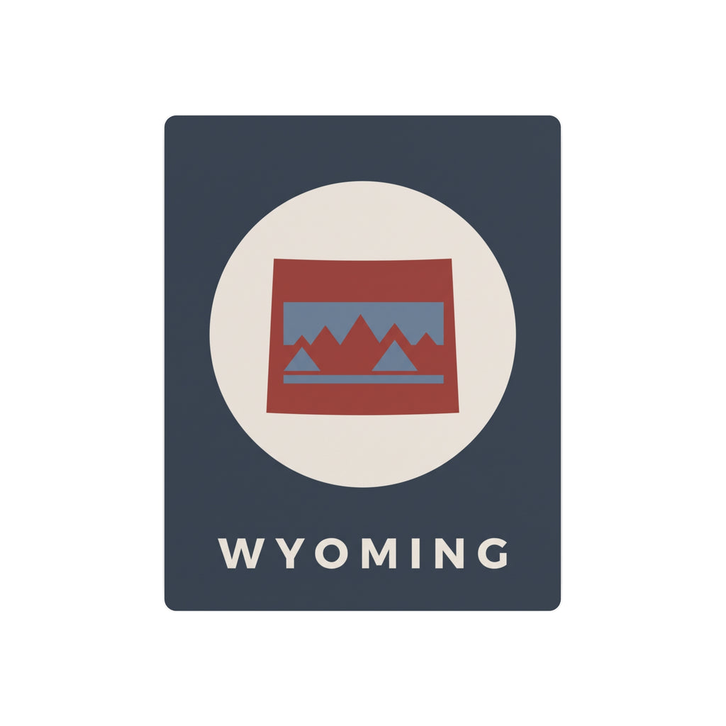 Wyoming state metal art sign, dark blue square with oval mountains logo and “WYOMING” text.