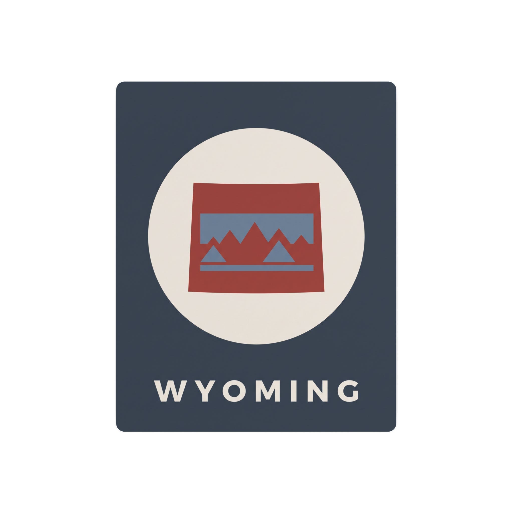 Wyoming state metal art sign, dark blue square with oval mountains logo and “WYOMING” text.