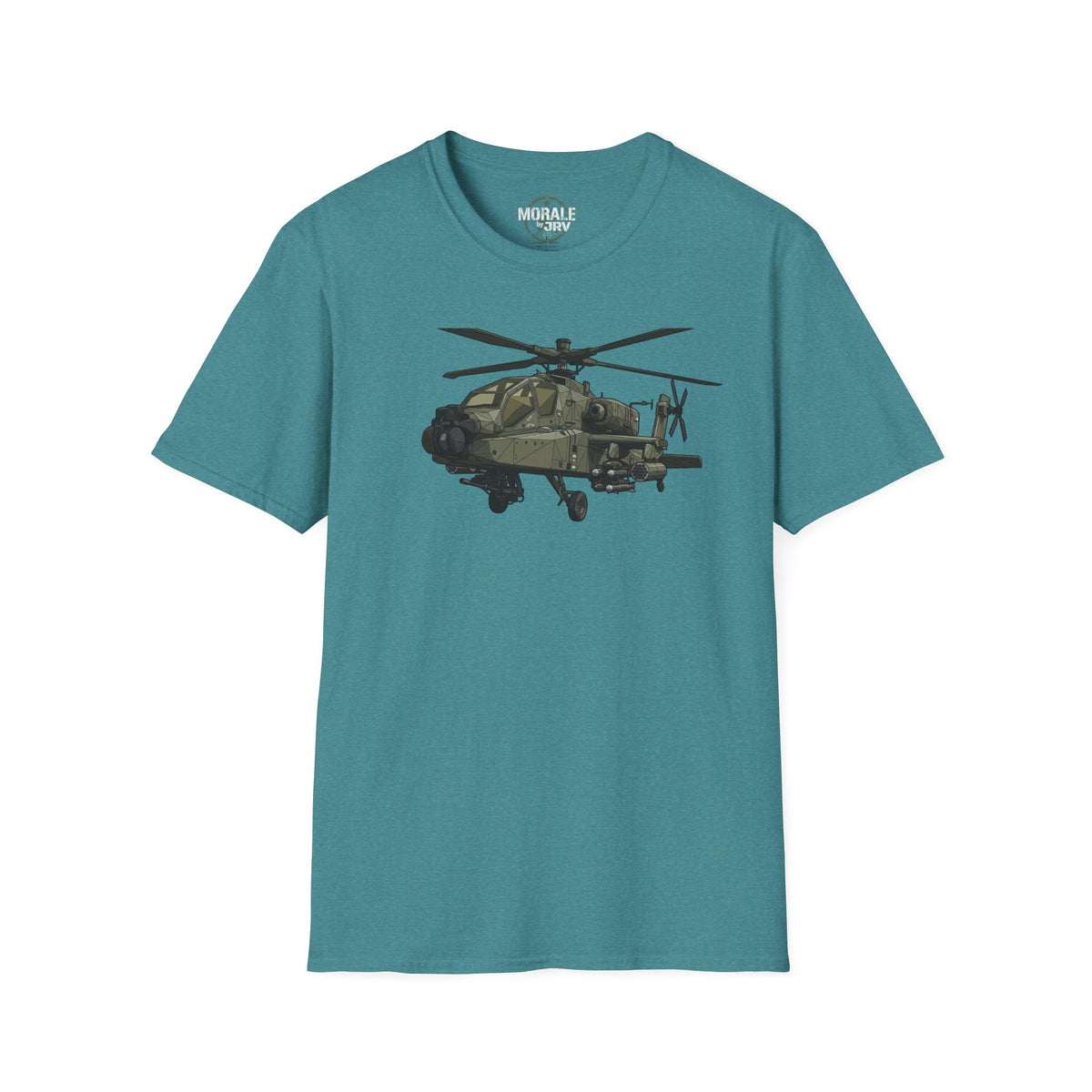 Teal crew-neck T-shirt with small chest Apache helicopter logo graphic