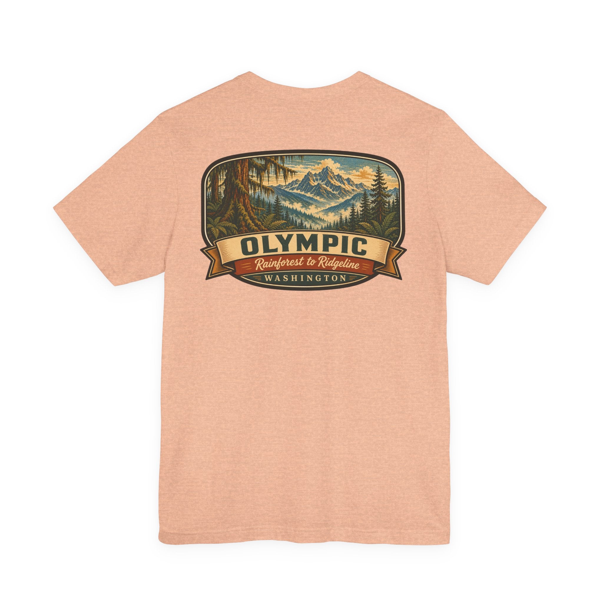 Light peach graphic t-shirt with Olympic mountain-and-forest ribbon emblem