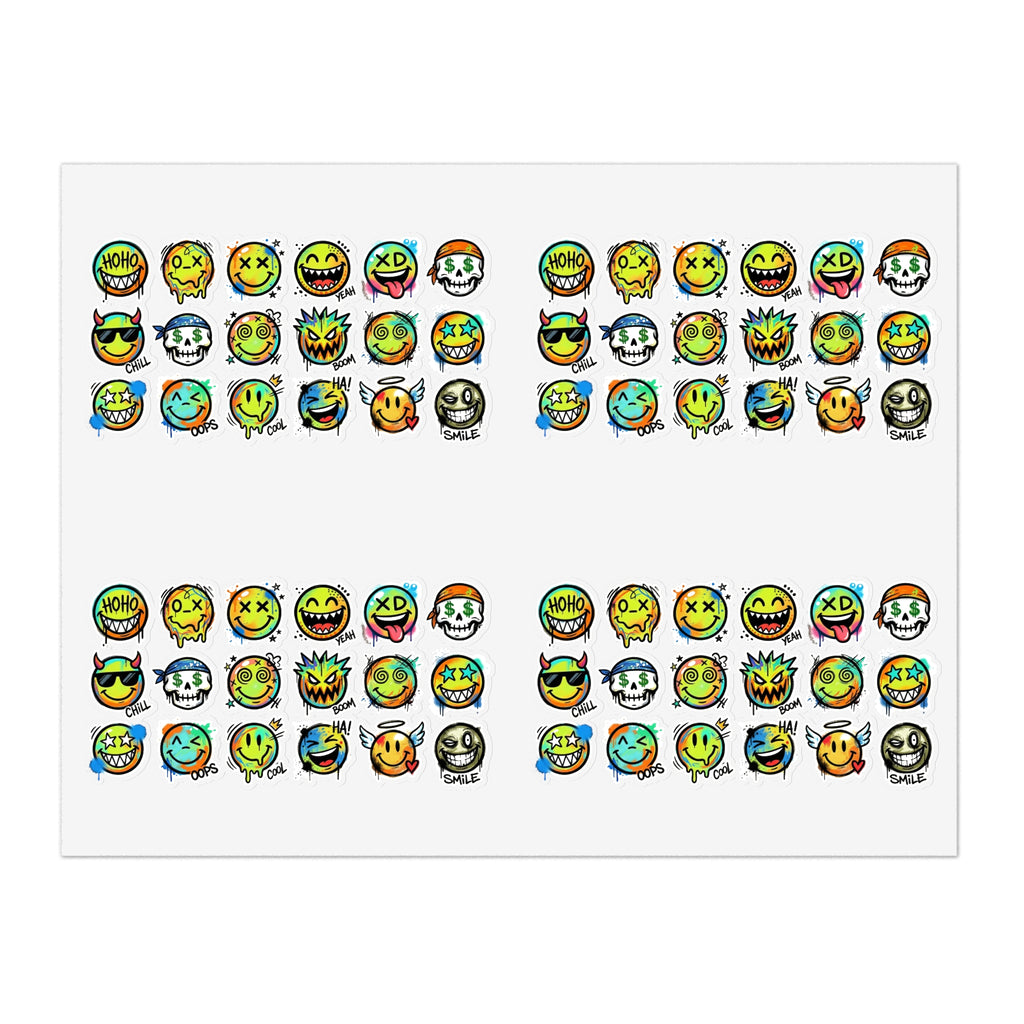 Emoji face icons sticker sheet with small die-cut faces arranged in clusters