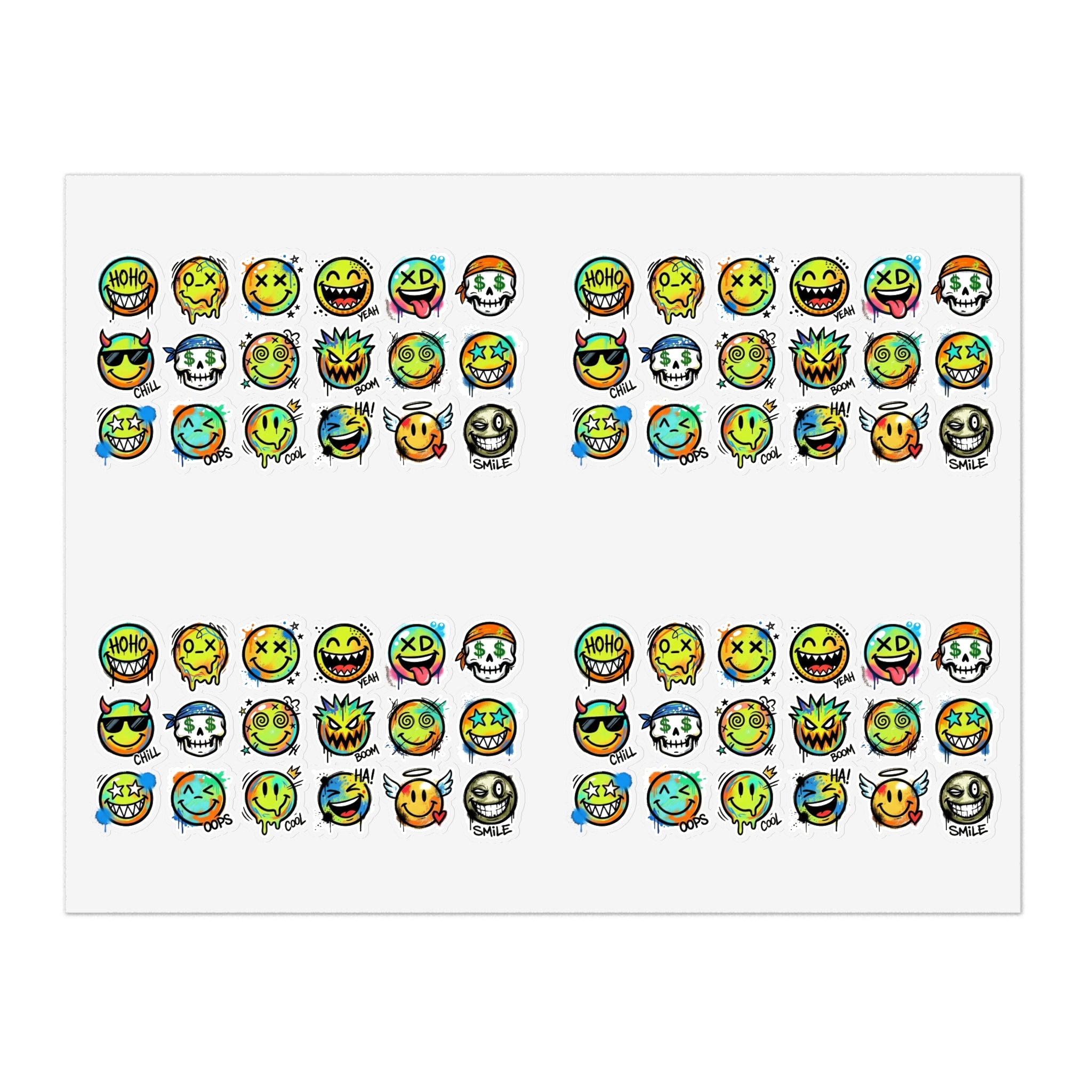 Emoji-Gesichts-Stickerbogen mit Die-Cut Motiven, kompakte Anordnung vieler Ausdrücke