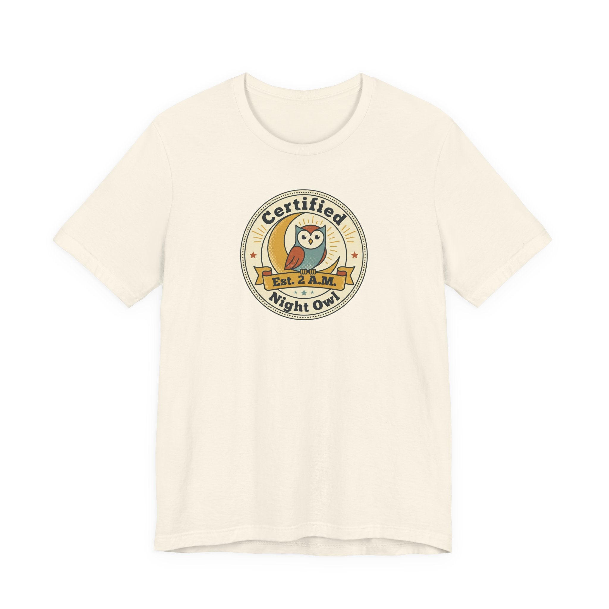 Natural/off-white T-shirt with certified night owl badge graphic on chest